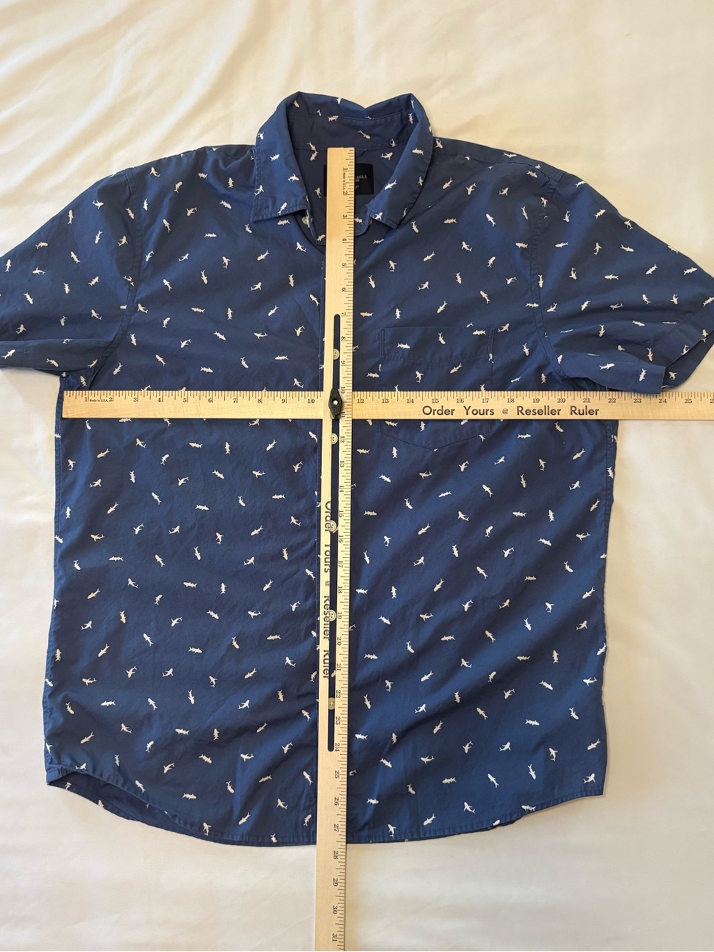 American Eagle Outfitters Navy Short-Sleeve Button-Up- White Micro Shark Print - Picture 2 of 10
